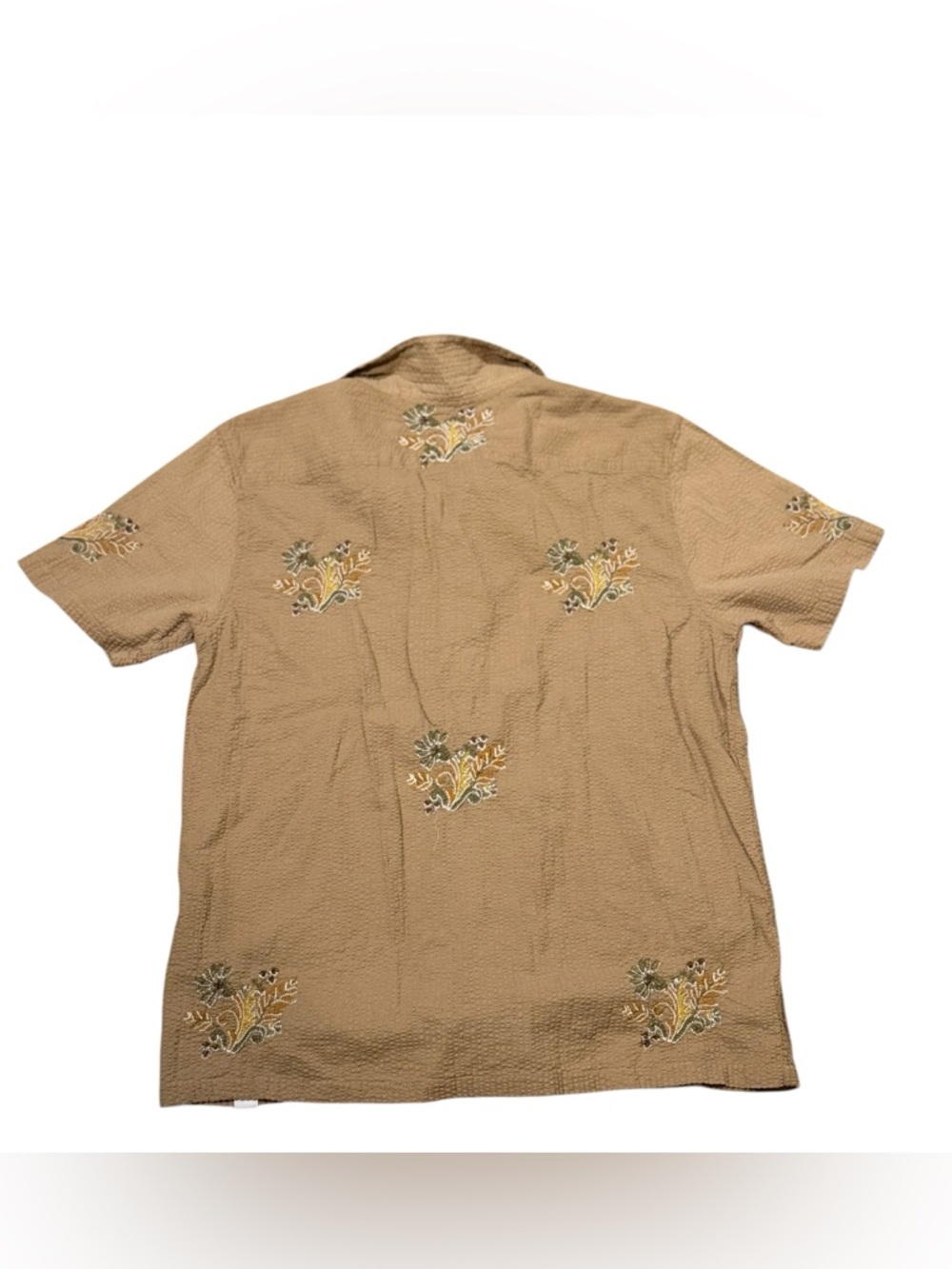 Free Planet Embroidered Seersucker Button Down Shirt in Tan Size Large - Picture 3 of 7